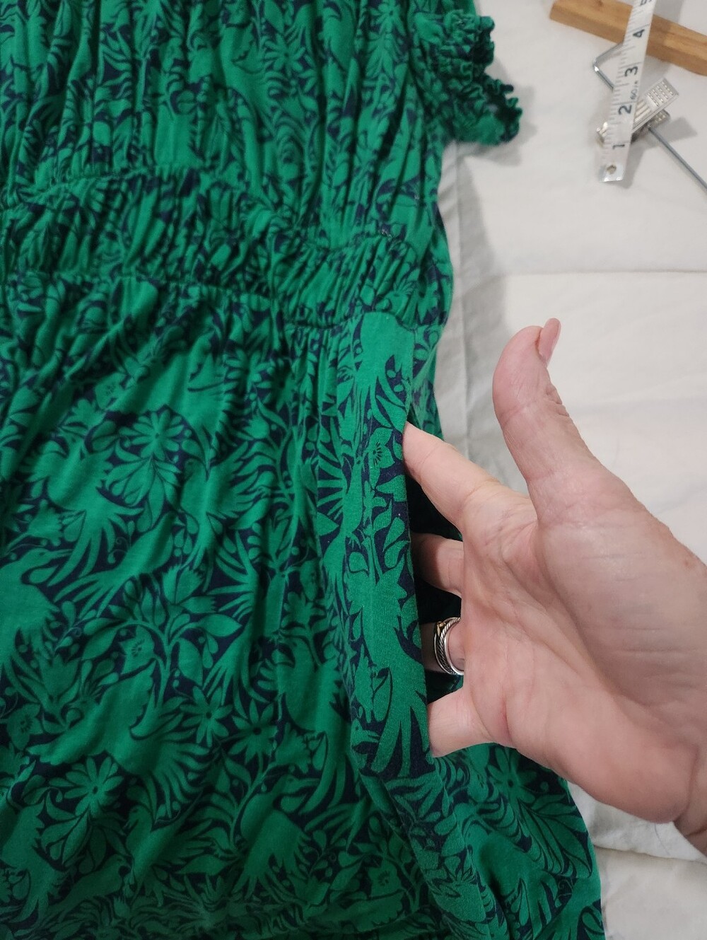 Boden Green Navy Blue Floral Jersey Midi Dress Short Sleeve Empire Waist US 10 - Picture 6 of 11